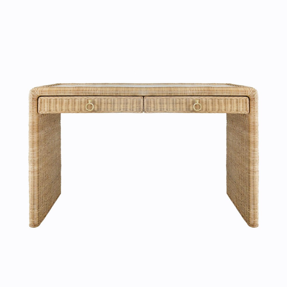 Worlds Away - Two Drawer Waterfall Edge Desk In Woven Rattan With Glass Top - ADRIEN view 2