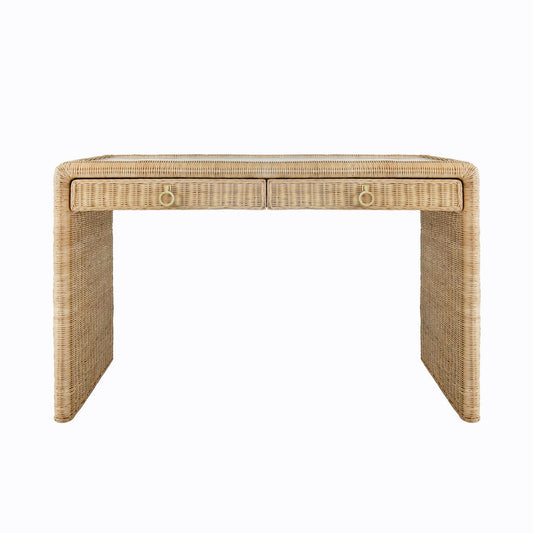 Worlds Away - Two Drawer Waterfall Edge Desk In Woven Rattan With Glass Top - ADRIEN view 2