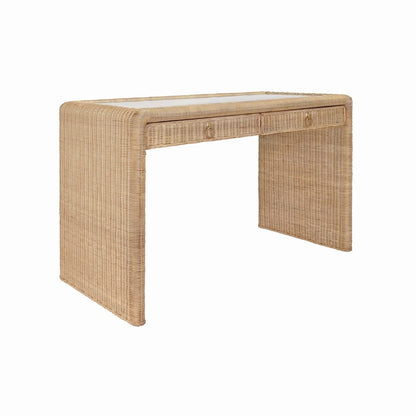 Worlds Away - Two Drawer Waterfall Edge Desk In Woven Rattan With Glass Top - ADRIEN view 3