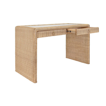 Worlds Away - Two Drawer Waterfall Edge Desk In Woven Rattan With Glass Top - ADRIEN view 5