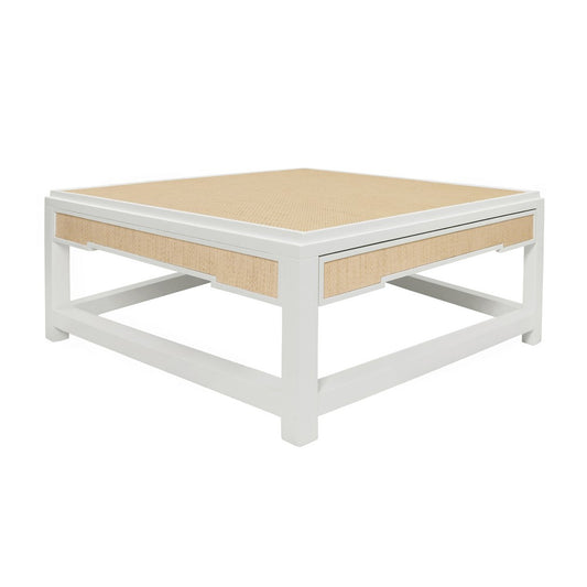 Worlds Away - Two Hidden Drawer Coffee Table With Matte White Lacquer Frame And Inset Natural Grasscloth - LOCKLIN NAT view 1