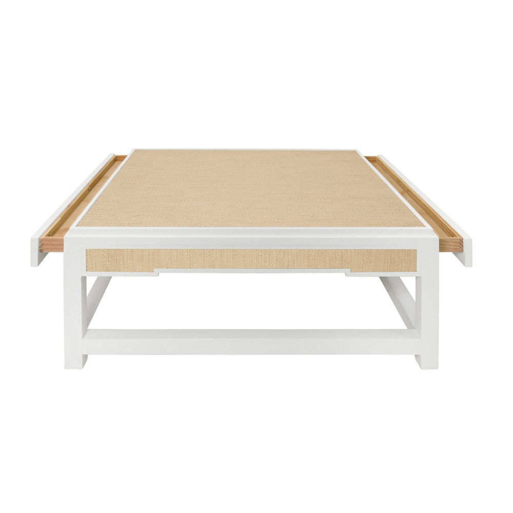 Worlds Away - Two Hidden Drawer Coffee Table With Matte White Lacquer Frame And Inset Natural Grasscloth - LOCKLIN NAT view 3