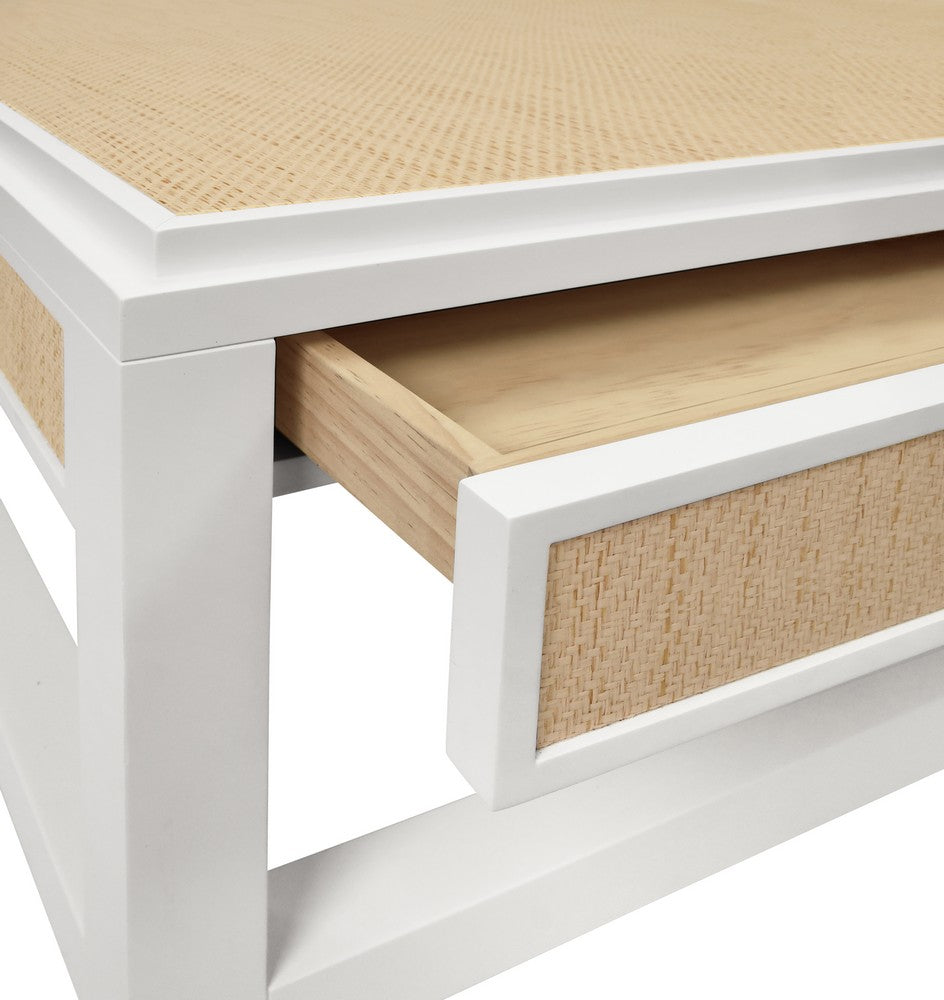 Worlds Away - Two Hidden Drawer Coffee Table With Matte White Lacquer Frame And Inset Natural Grasscloth - LOCKLIN NAT view 4