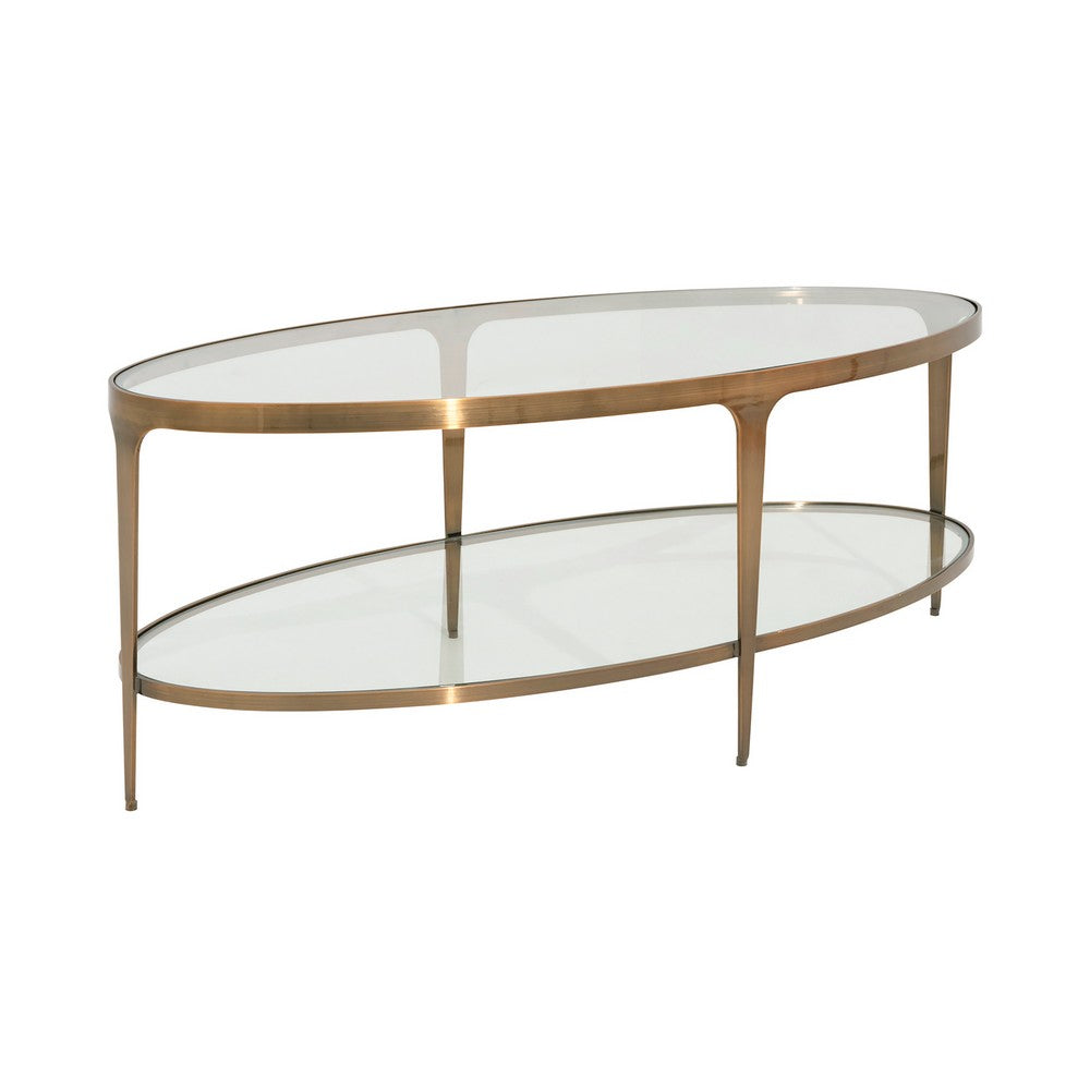 Worlds Away - Two Tier Glass Top Oval Coffee Table In Antique Brass - BRANDO ABR view 1