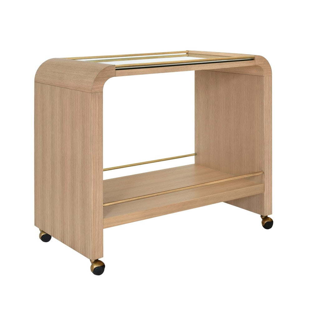 Worlds Away - Waterfall Edge Bar Cart With Antique Brass Rails In Natural Oak - MYER NO view 1