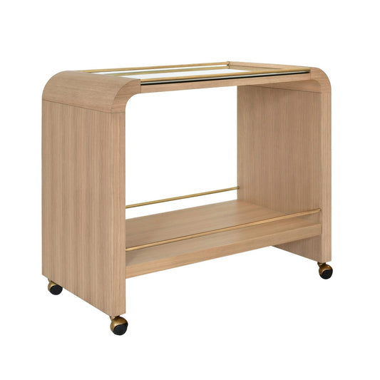 Worlds Away - Waterfall Edge Bar Cart With Antique Brass Rails In Natural Oak - MYER NO view 1