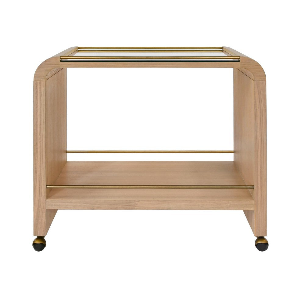 Worlds Away - Waterfall Edge Bar Cart With Antique Brass Rails In Natural Oak - MYER NO view 2