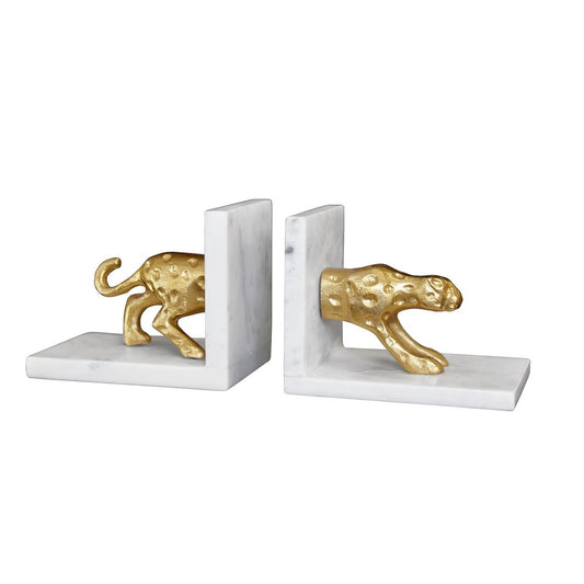 Worlds Away - White Marble Bookends With Brass Leopard - LEON view 1