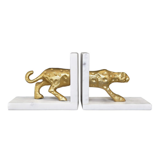 Worlds Away - White Marble Bookends With Brass Leopard - LEON view 2