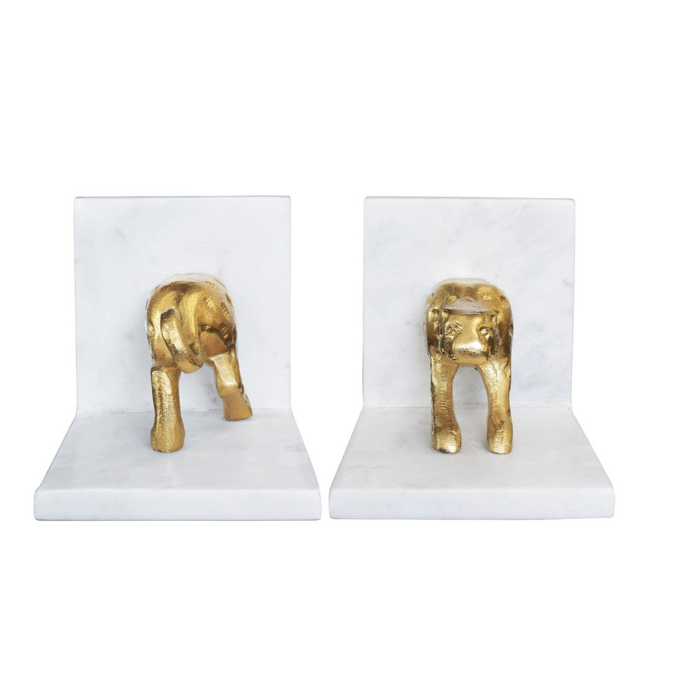 Worlds Away - White Marble Bookends With Brass Leopard - LEON view 3