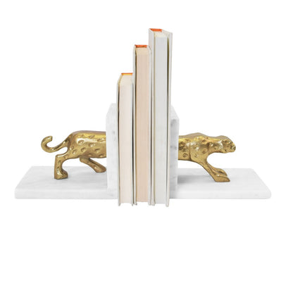 Worlds Away - White Marble Bookends With Brass Leopard - LEON view 4