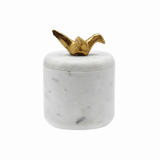 Worlds Away - White Marble Container With Brass Origami Bird - ORIZ view 1