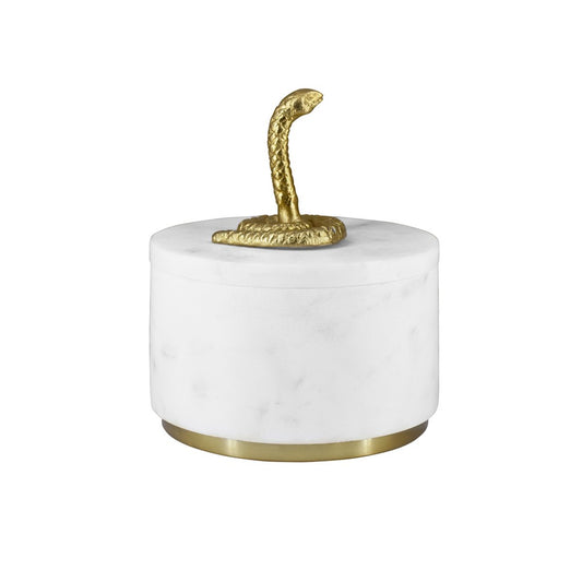 Worlds Away - White Marble Container With Brass Snake Top And Bottom Brass Rim - SNAPE view 1