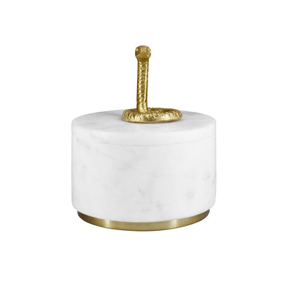 Worlds Away - White Marble Container With Brass Snake Top And Bottom Brass Rim - SNAPE view 2