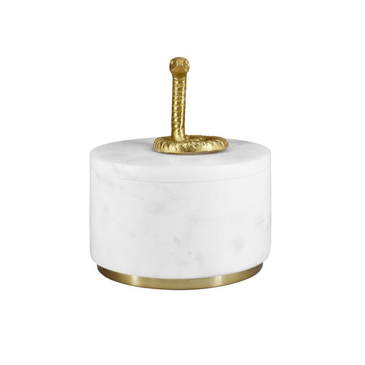 Worlds Away - White Marble Container With Brass Snake Top And Bottom Brass Rim - SNAPE view 2