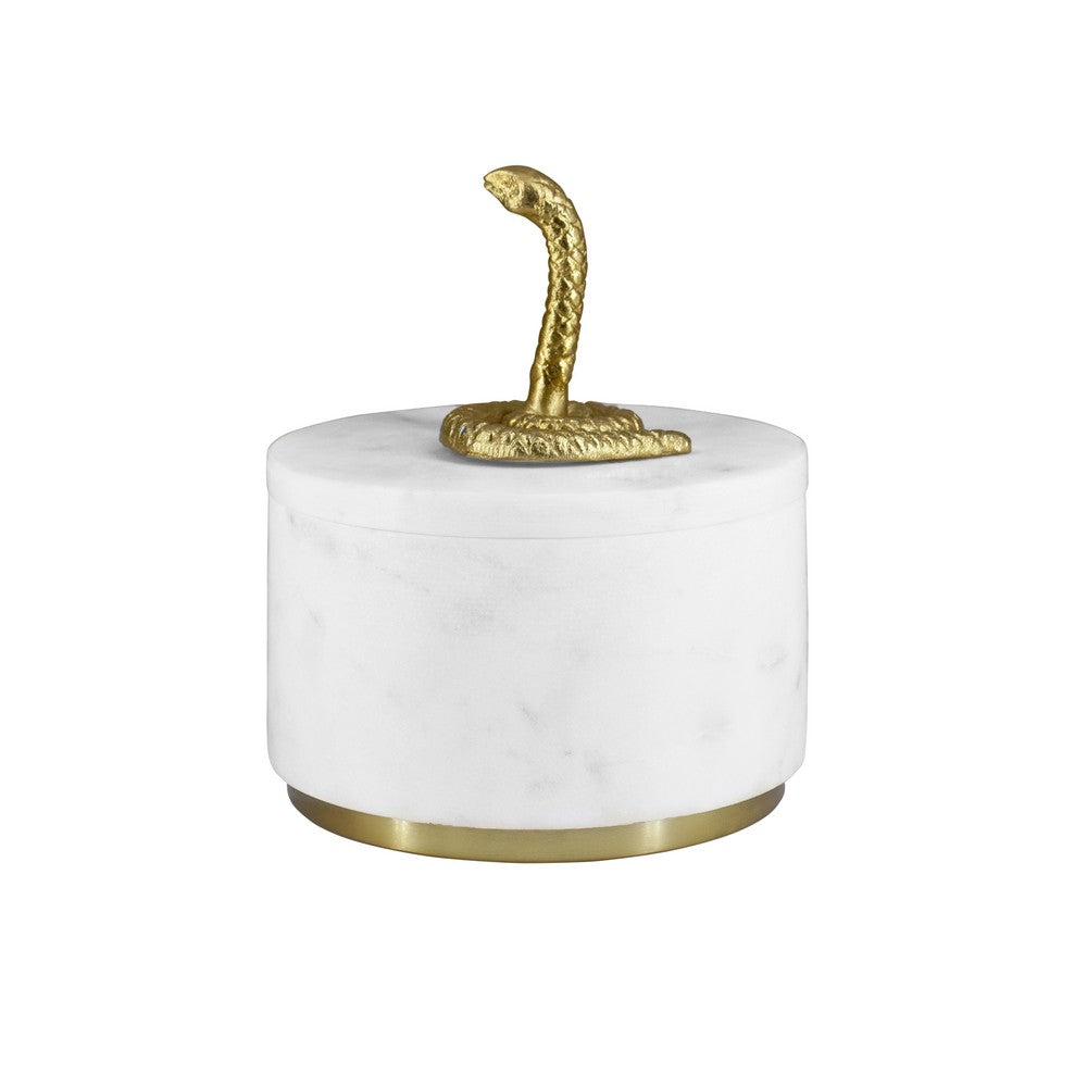 Worlds Away - White Marble Container With Brass Snake Top And Bottom Brass Rim - SNAPE view 3