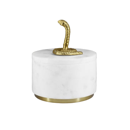 Worlds Away - White Marble Container With Brass Snake Top And Bottom Brass Rim - SNAPE view 3