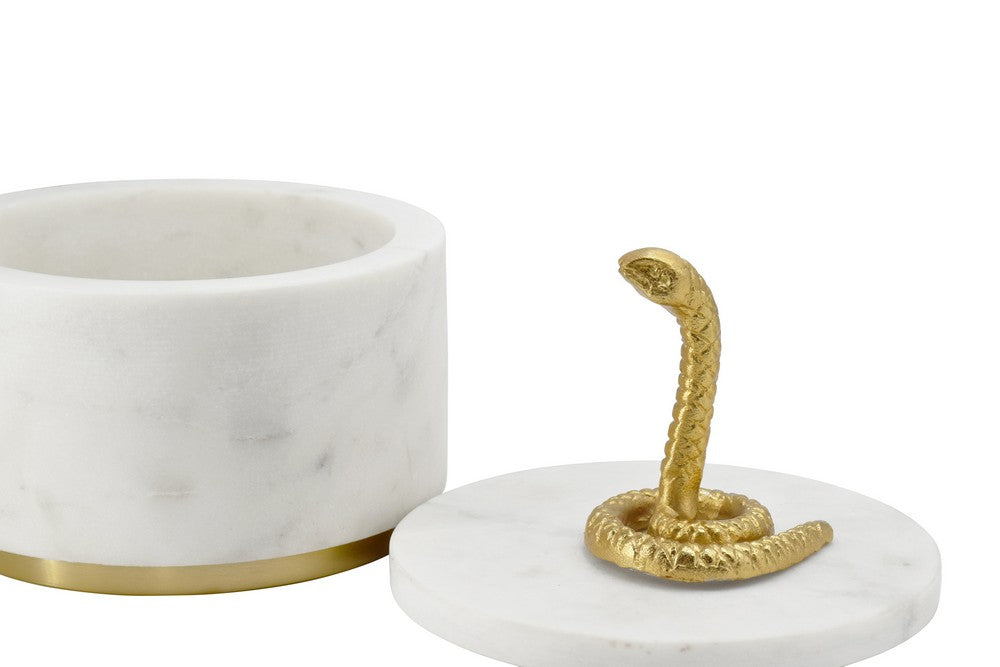 Worlds Away - White Marble Container With Brass Snake Top And Bottom Brass Rim - SNAPE view 4