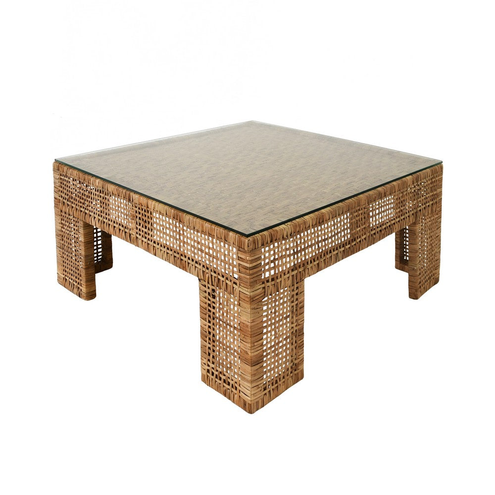 Worlds Away - Wide Leg Rattan Coffee Table With Glass Top - CHARLIE view 1