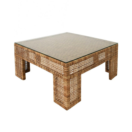 Worlds Away - Wide Leg Rattan Coffee Table With Glass Top - CHARLIE view 1