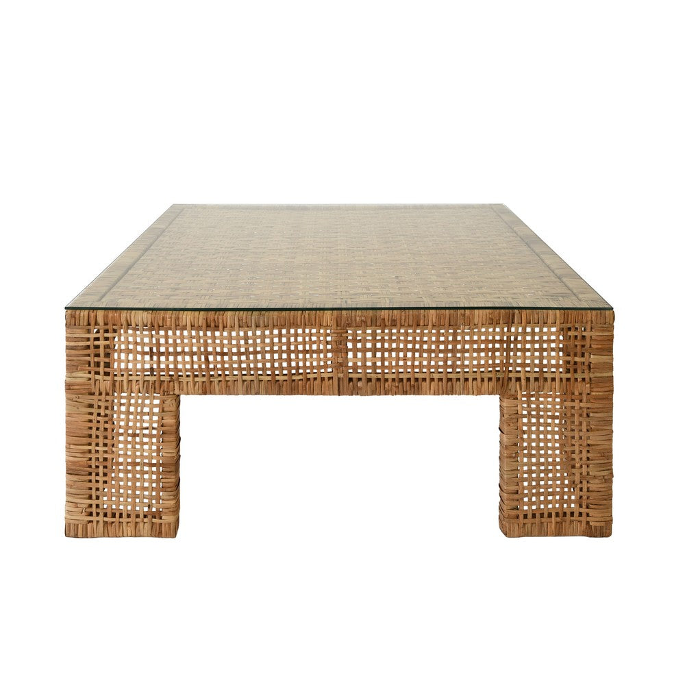 Worlds Away - Wide Leg Rattan Coffee Table With Glass Top - CHARLIE view 3